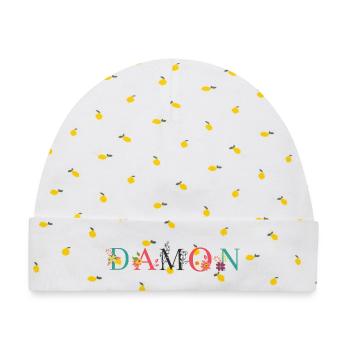 DAMON Namenskunst mit gestickten Blumen - Baby Premium Organic Mütze - Weiß/Zitronengelb - Vorne