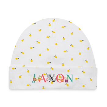 JAXON Namenskunst mit gestickten Blumen - Baby Premium Organic Mütze - Weiß/Zitronengelb - Vorne