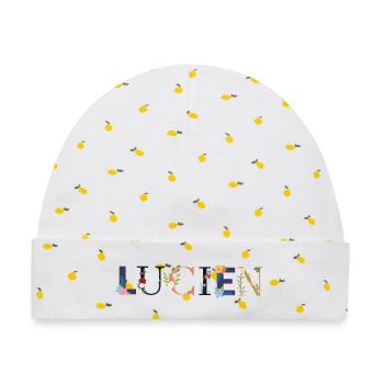 LUCIEN Name mit Blumen geschmückt - Baby Premium Organic Mütze - Weiß/Zitronengelb - Vorne