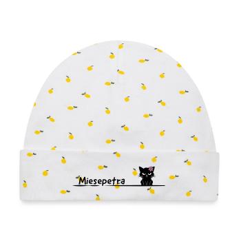 Miesepetra – Lustiges Katzen Wortspiel Petra - Baby Premium Organic Mütze - Weiß/Zitronengelb - Vorne