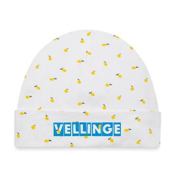 Vellinge – Blaues Textdesign - Baby Premium Organic Mütze - Weiß/Zitronengelb - Vorne