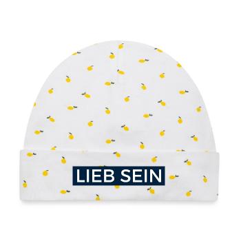 Lieb Sein! Design in Dunkelblau. - Baby Premium Organic Mütze - Weiß/Zitronengelb - Vorne
