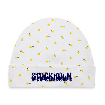 Stockholm Blue Bubble Retro-Typografie - Baby Premium Organic Mütze - Weiß/Zitronengelb - Vorne