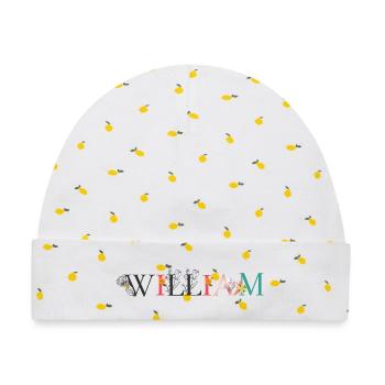 WILLIAM Namenskunst mit Blumen bestickt - Baby Premium Organic Mütze - Weiß/Zitronengelb - Vorne