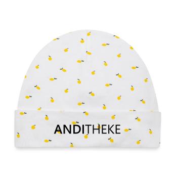 AndiTheke – Witziges Geschenk Andreas, Andi & Andy - Baby Premium Organic Mütze - Weiß/Zitronengelb - Vorne