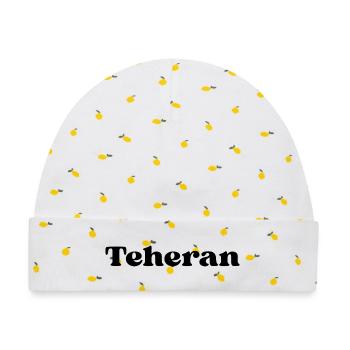 Teheran Schriftzug Design - Baby Premium Organic Mütze - Weiß/Zitronengelb - Vorne