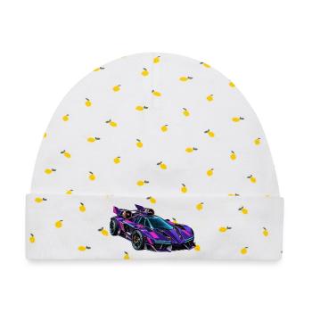 Lila Neon-Supersportwagen - Baby Premium Organic Mütze - Weiß/Zitronengelb - Vorne