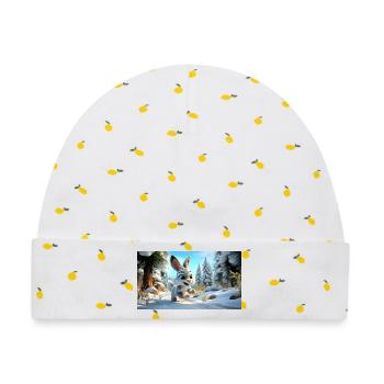 Flauschiger Schneehase im Winterwald - Baby Premium Organic Mütze - Weiß/Zitronengelb - Vorne