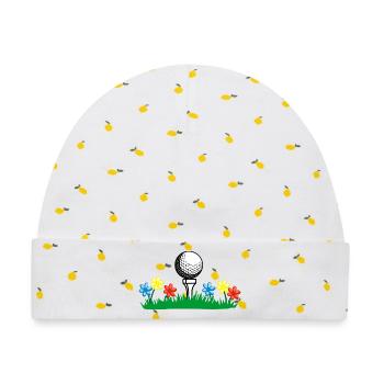 Golfstock und Ball auf Rasen mit Blumen - Baby Premium Organic Mütze - Weiß/Zitronengelb - Vorne