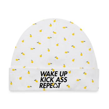 Wake Up Kick Ass Repeat – Mutige Motivation - Baby Premium Organic Mütze - Weiß/Zitronengelb - Vorne