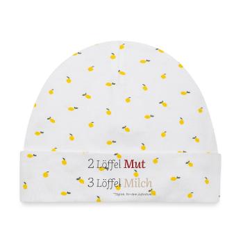 2 Löffel Mut 3 Löffel Milch – Mutmacherdesign - Baby Premium Organic Mütze - Weiß/Zitronengelb - Vorne