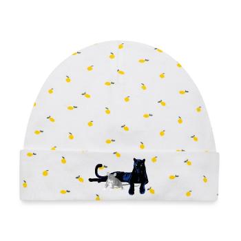 Panther Katze und Maus Duo  - Baby Premium Organic Mütze - Weiß/Zitronengelb - Vorne