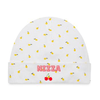 Nizza Pink Schrift mit Kirschen - Baby Premium Organic Mütze - Weiß/Zitronengelb - Vorne