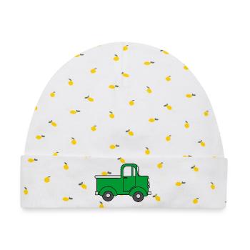 Fröhlicher LKW grün, Spielzeugauto - Baby Premium Organic Mütze - Weiß/Zitronengelb - Vorne