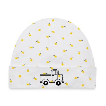 Fröhlicher LKW transparent, Spielzeugauto - Baby Premium Organic Mütze - Weiß/Zitronengelb - Vorne
