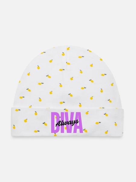 Diva Always – Weibliches Design - Baby Premium Organic Mütze - Weiß/Zitronengelb