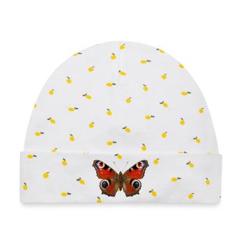 Pfauen-Schmetterling Aglais io Realistischer Stil - Baby Premium Organic Mütze - Weiß/Zitronengelb - Vorne