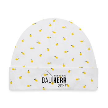 Bauherr 2027 - bin nur Deko - Baby Premium Organic Mütze - Weiß/Zitronengelb - Vorne