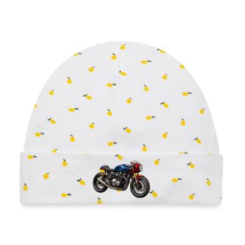 Café Racer Kunstmotorrad BlauRot Gold - Baby Premium Organic Mütze - Weiß/Zitronengelb - Vorne
