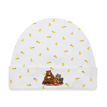 Bär & Waschbär beim Picknick – Outdoor - Baby Premium Organic Mütze - Weiß/Zitronengelb - Vorne