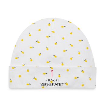 Frisch verheiratet Flitterwochen Hochzeitsreise - Baby Premium Organic Mütze - Weiß/Zitronengelb - Vorne