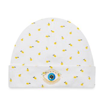 leuchtend blaues Auge mit goldenen Wimpern - Baby Premium Organic Mütze - Weiß/Zitronengelb - Vorne