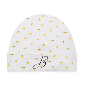 Name mit B Initiale für Ben Benjamin Bastian - Baby Premium Organic Mütze - Weiß/Zitronengelb - Vorne