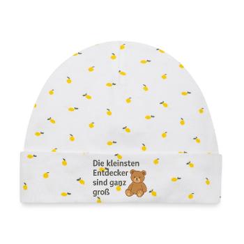 Kleine Entdecker, große Abenteuer - Baby Premium Organic Mütze - Weiß/Zitronengelb - Vorne