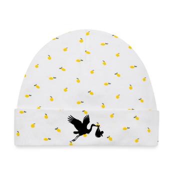 Storch mit Baby – Klapperstorch Motiv - Baby Premium Organic Mütze - Weiß/Zitronengelb - Vorne