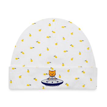 Katze im UFO Abenteuer - Baby Premium Organic Mütze - Weiß/Zitronengelb - Vorne