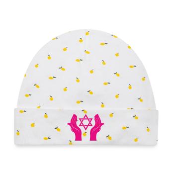 Magenta Hände mit Davidstern - Baby Premium Organic Mütze - Weiß/Zitronengelb - Vorne