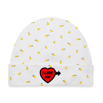 Herz I LOVE HIM Schriftlogo - Baby Premium Organic Mütze - Weiß/Zitronengelb - Vorne