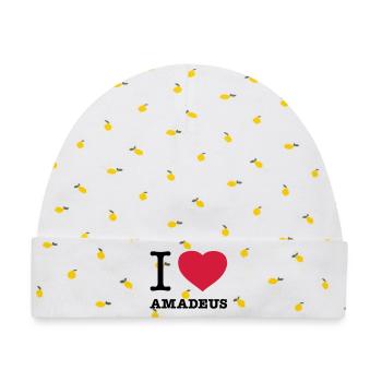 I LOVE AMADEUS - Baby Premium Organic Mütze - Weiß/Zitronengelb - Vorne