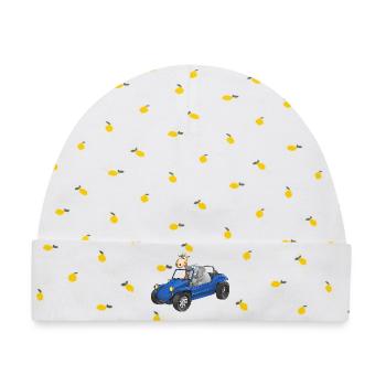 Elefant und Giraffe in Buggy - Baby Premium Organic Mütze - Weiß/Zitronengelb - Vorne