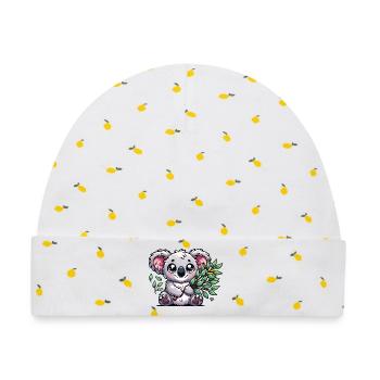 Der niedliche Koala mit einem Eukalyptus Strauß - Baby Premium Organic Mütze - Weiß/Zitronengelb - Vorne