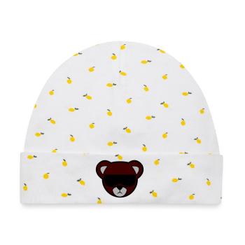 Rotbrauner Bär mit Sonnenbrille - Baby Premium Organic Mütze - Weiß/Zitronengelb - Vorne