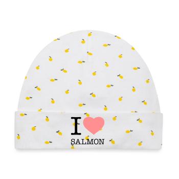 I LOVE SALMON Fisch Lachs - Baby Premium Organic Mütze - Weiß/Zitronengelb - Vorne