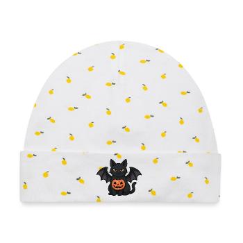 Halloween Fledermaus-Katze mit Kürbis - Baby Premium Organic Mütze - Weiß/Zitronengelb - Vorne
