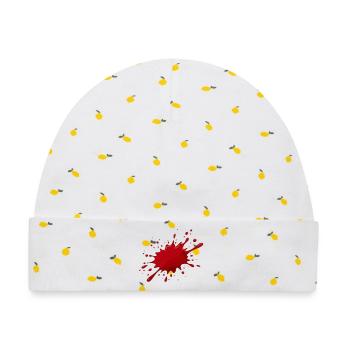 Roter Farbsplash - Blutfleck auf T-Shirt - Baby Premium Organic Mütze - Weiß/Zitronengelb - Vorne