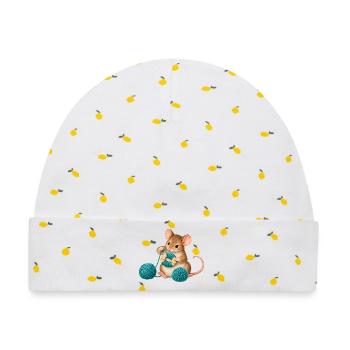 Maus wickelt einen Wollpompon - Baby Premium Organic Mütze - Weiß/Zitronengelb - Vorne