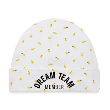 Dream Team Mitglied gebogener Text Typografie - Baby Premium Organic Mütze - Weiß/Zitronengelb - Vorne