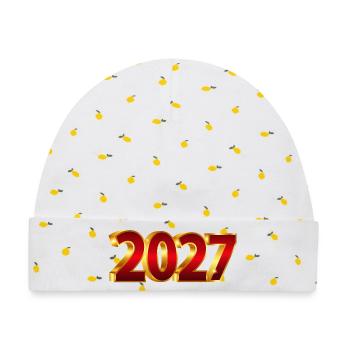 NEU – Frohes neues Jahr – 2027! - Baby Premium Organic Mütze - Weiß/Zitronengelb - Vorne