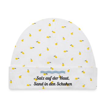 Salz auf der Haut, Sand in den Schuhen – Nordsee - Baby Premium Organic Mütze - Weiß/Zitronengelb - Vorne