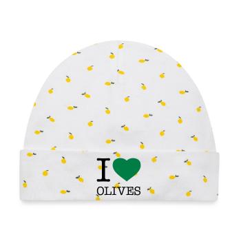 I LOVE OLIVES Oliven - Baby Premium Organic Mütze - Weiß/Zitronengelb - Vorne