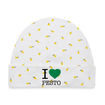 I LOVE PESTO Basilikum - Baby Premium Organic Mütze - Weiß/Zitronengelb - Vorne
