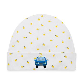 Blaues Taxi Front Karikatur - Baby Premium Organic Mütze - Weiß/Zitronengelb - Vorne