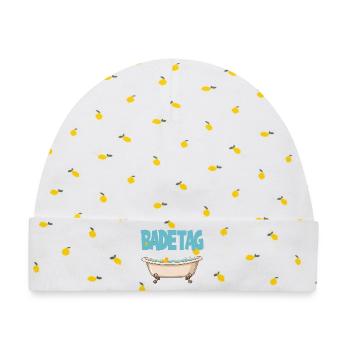  BADETAG Badewanne Quietscheente Wellness - Baby Premium Organic Mütze - Weiß/Zitronengelb - Vorne