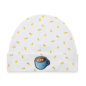 Blauer Aquarell-Tassen-Kakao mit Marshmallows - Baby Premium Organic Mütze - Weiß/Zitronengelb - Vorne