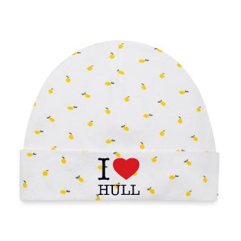 I LOVE HULL - Baby Premium Organic Mütze - Weiß/Zitronengelb - Vorne