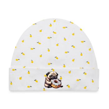 Süßer Mops mit Donut Cartoon lustig Naschen - Baby Premium Organic Mütze - Weiß/Zitronengelb - Vorne